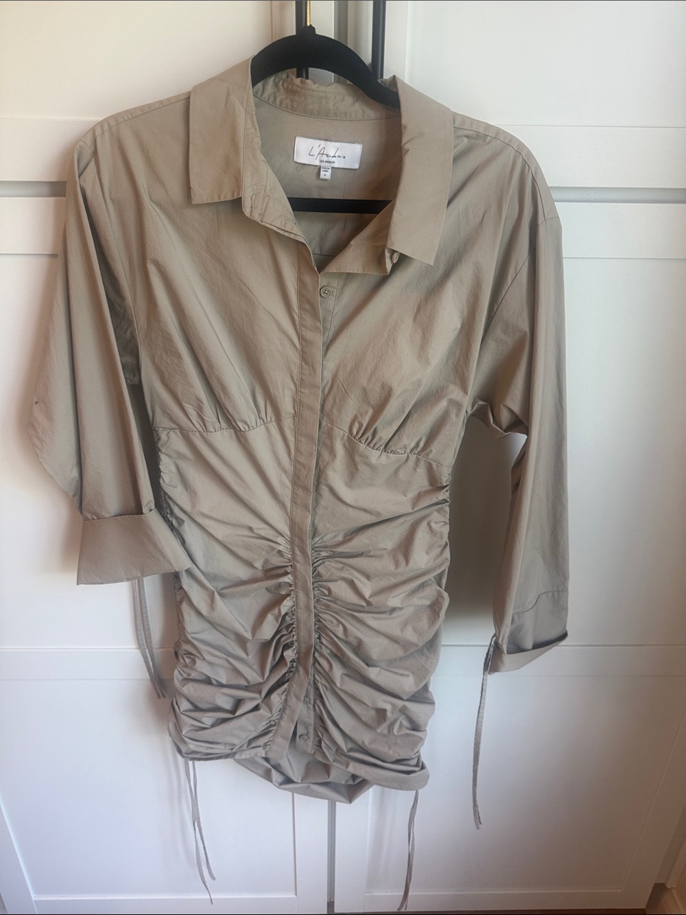 L'Academie Beige Ruched Button-Front Dress